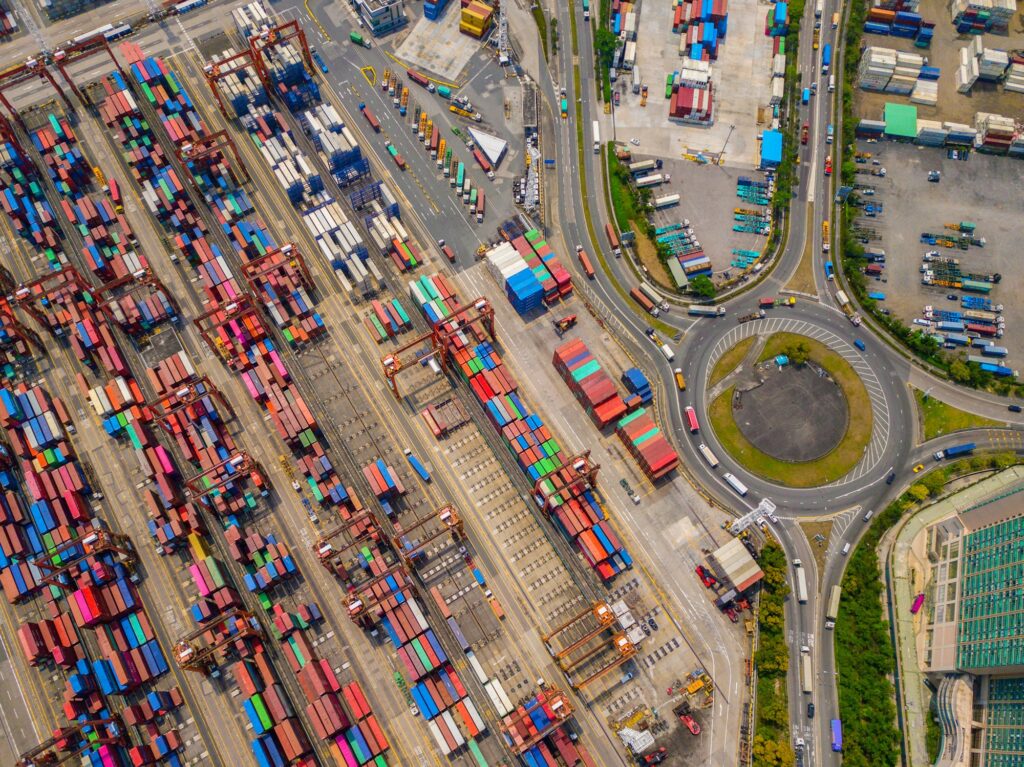 container cargo ship in the export and import business and logistics. Shipping to the harbor